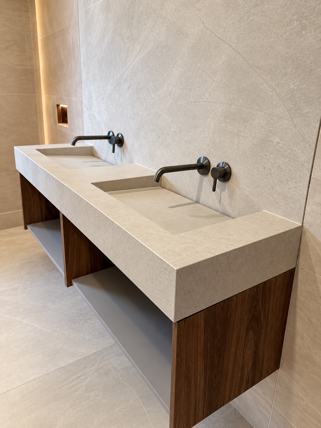Bespoke tiled double vanity with integrated basins